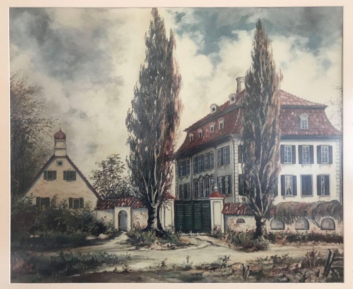 Bild zeigt eine historische Zeichnung des Johannesheims Meitingen von außen.